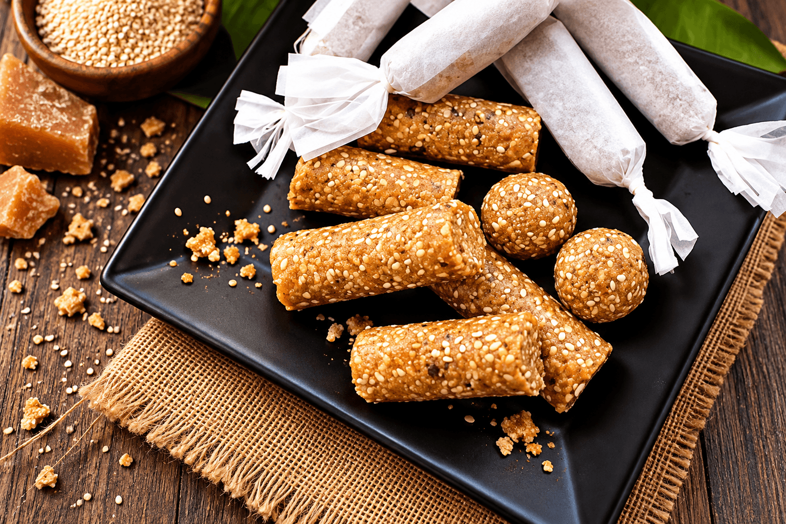 Sesame jaggery rolls and balls on a dark rustic plate
