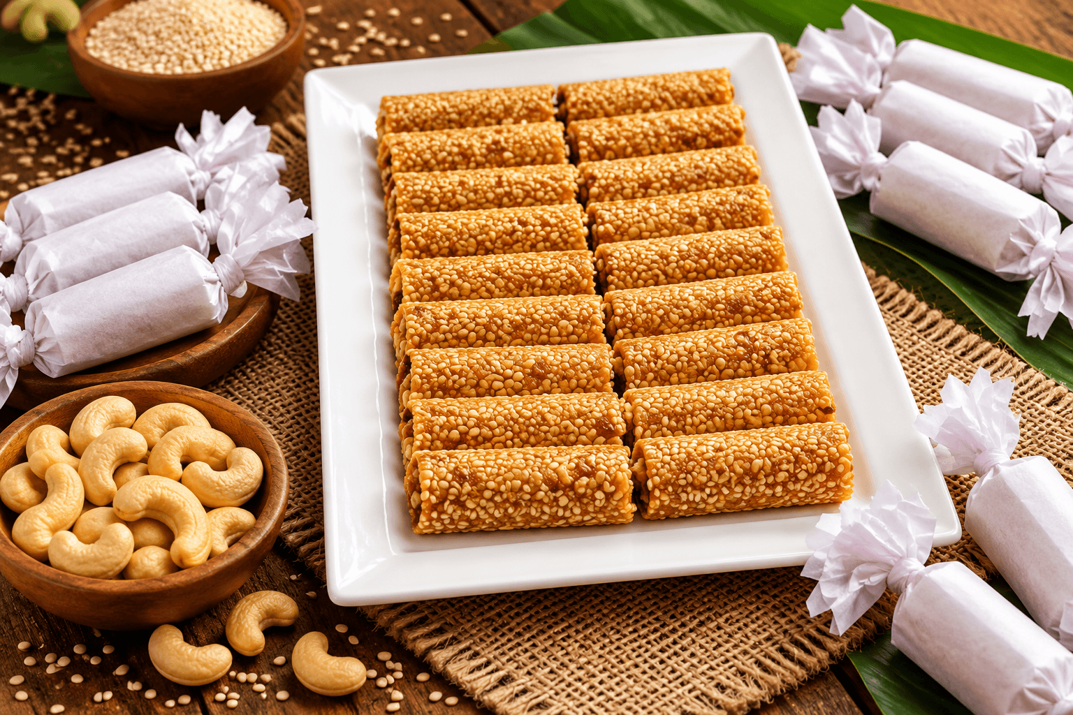 Sesame nut rolls arranged on a white plate on a rustic table