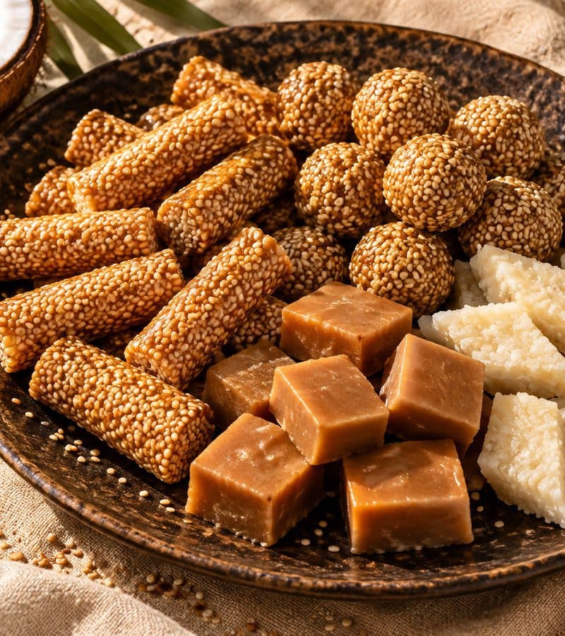 Hands offering a woven tray of Sri Lankan sesame sweets