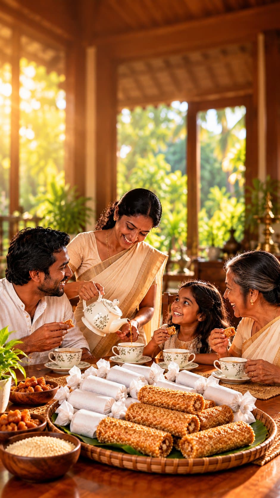 A Sri Lankan family sharing tea and a tray of sesame rolls around the dining table