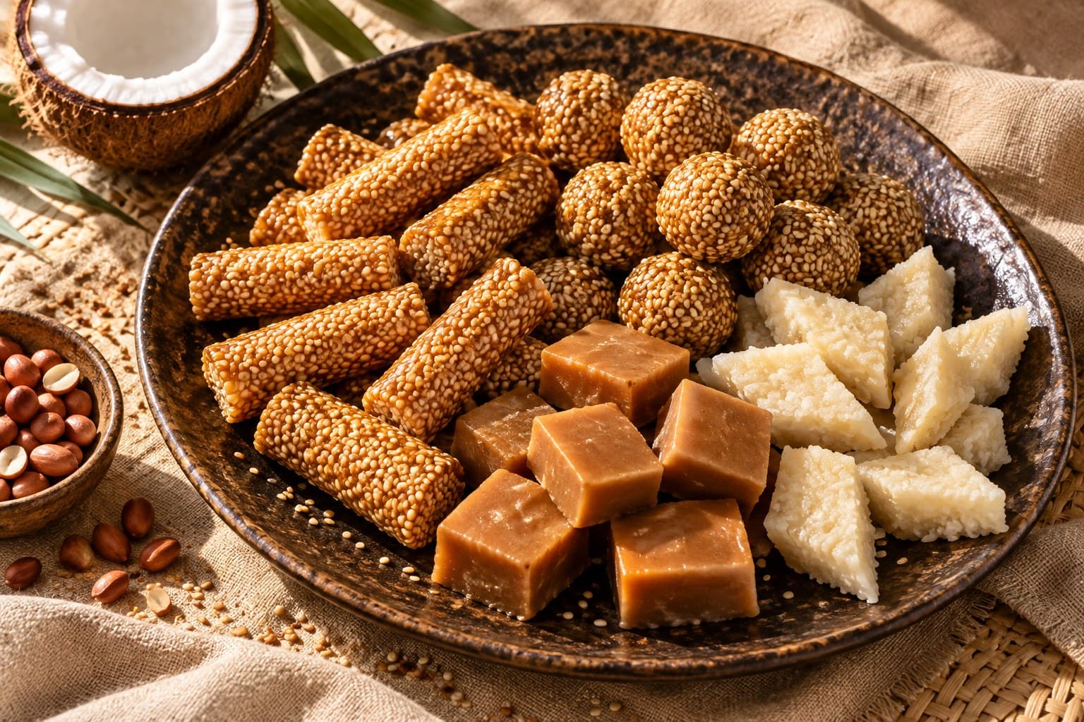 Illustrative assortment of Sri Lankan sesame sweets, milk toffee, and coconut confectionery