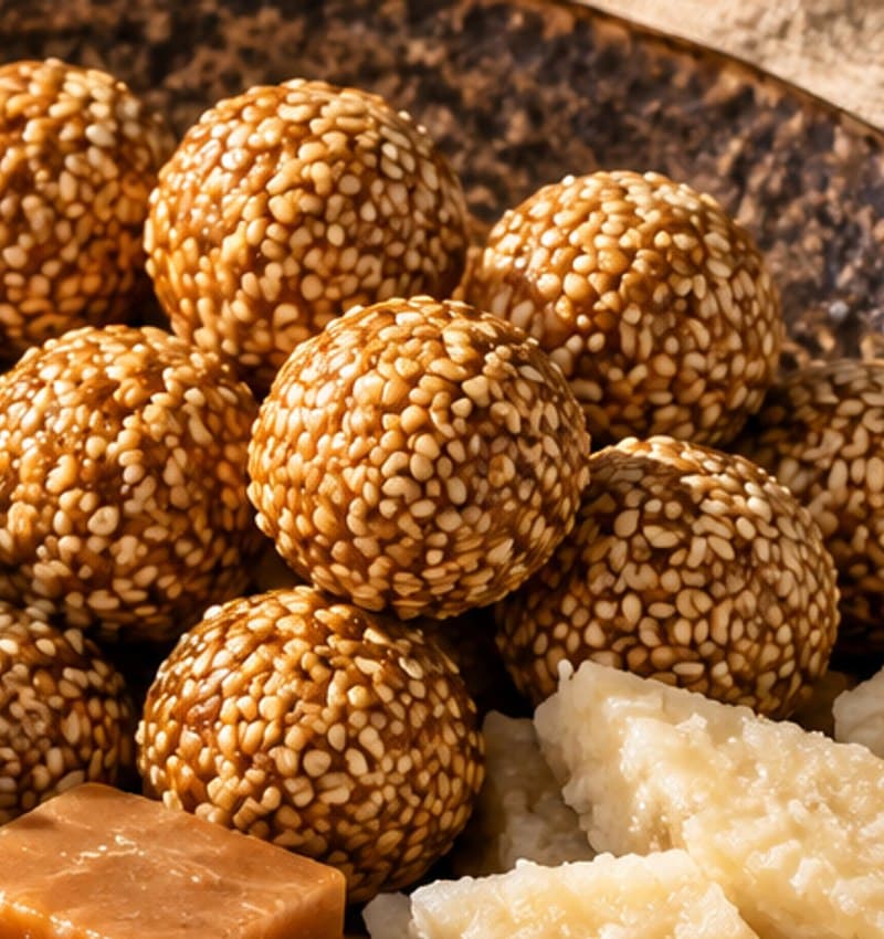 Illustrative golden sesame confectionery